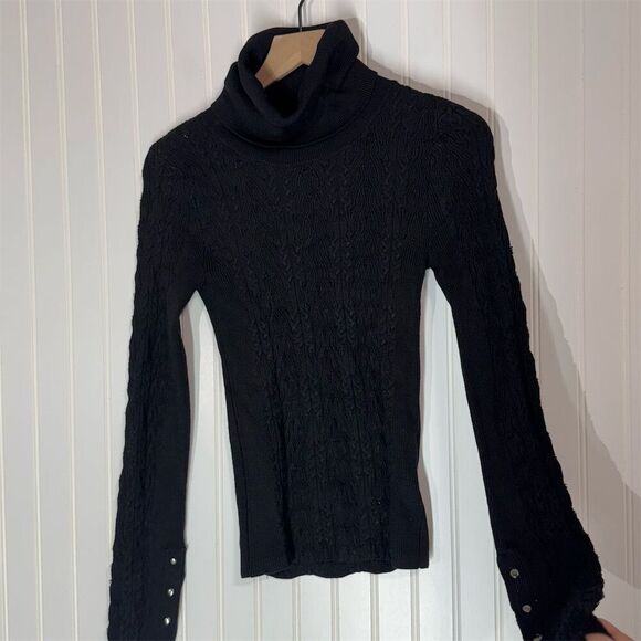 Free People Black Cable Knit Turtleneck Sweater S Button Cuff Slim Fit NWOT - Picture 3 of 10